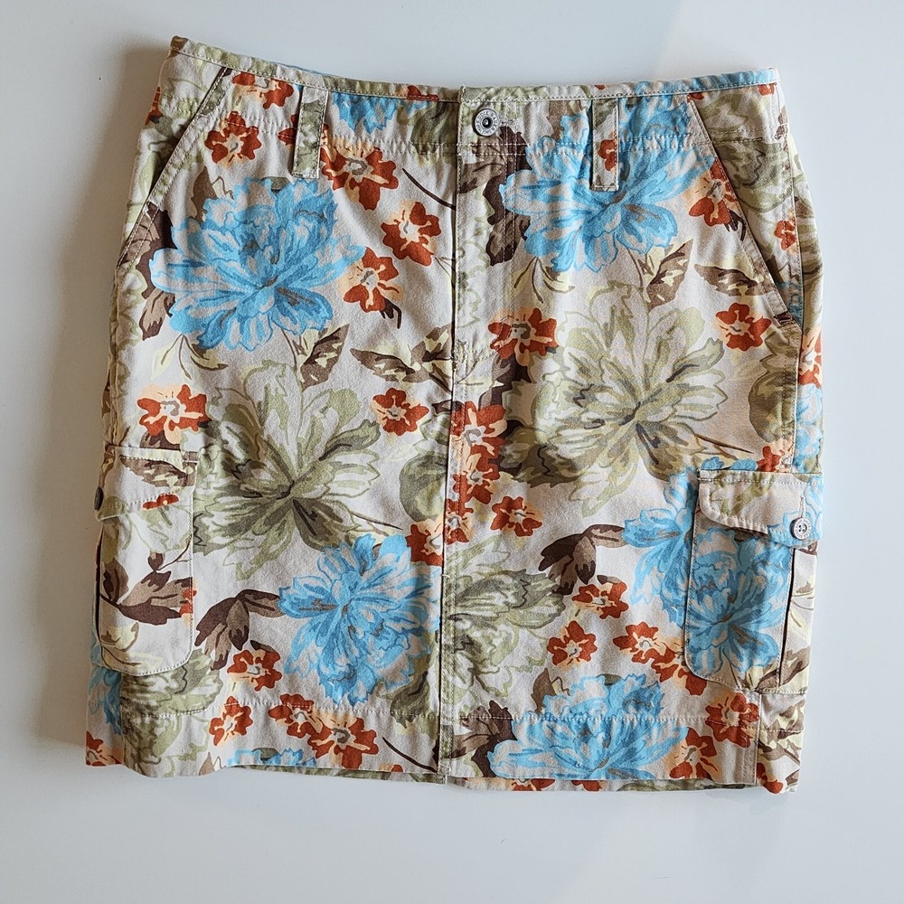 EDDIE BAUER Floral Skirt Womens 8 Cotton Pockets Knee Length Cargo Blue Tan